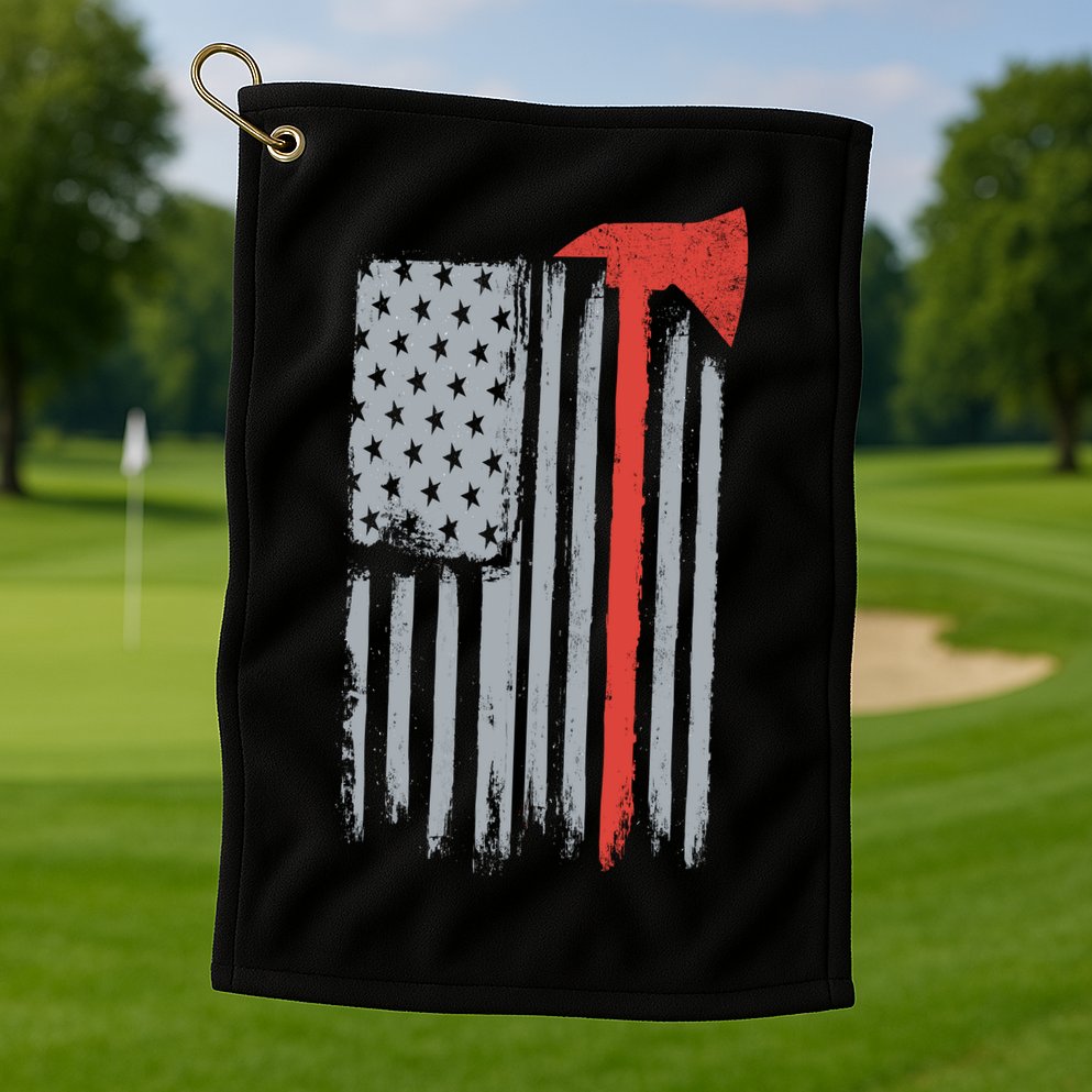 Firefighter Red Axe Vintage American Flag Golf Towel