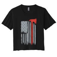 Firefighter Red Axe Vintage American Flag Women's Crop Top Tee