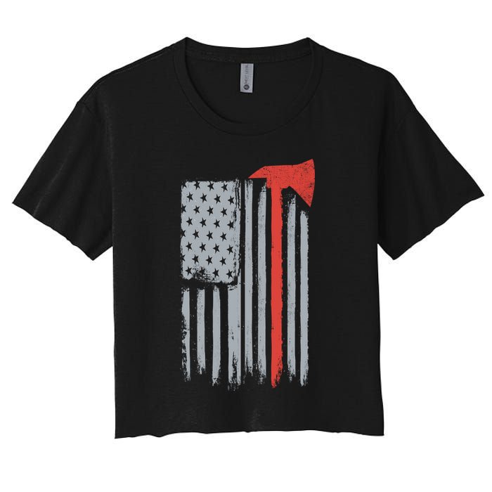 Firefighter Red Axe Vintage American Flag Women's Crop Top Tee