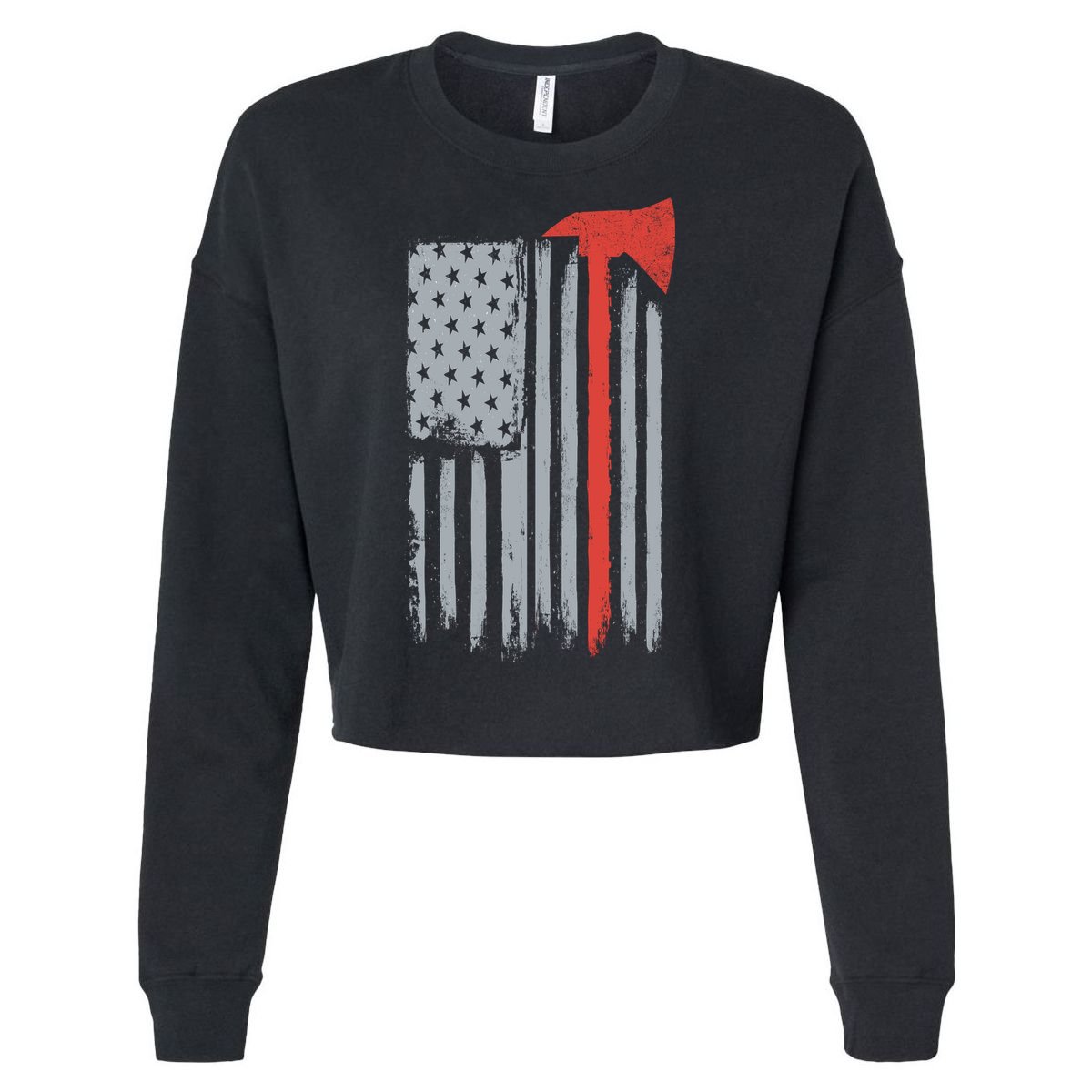 Firefighter Red Axe Vintage American Flag Cropped Pullover Crew
