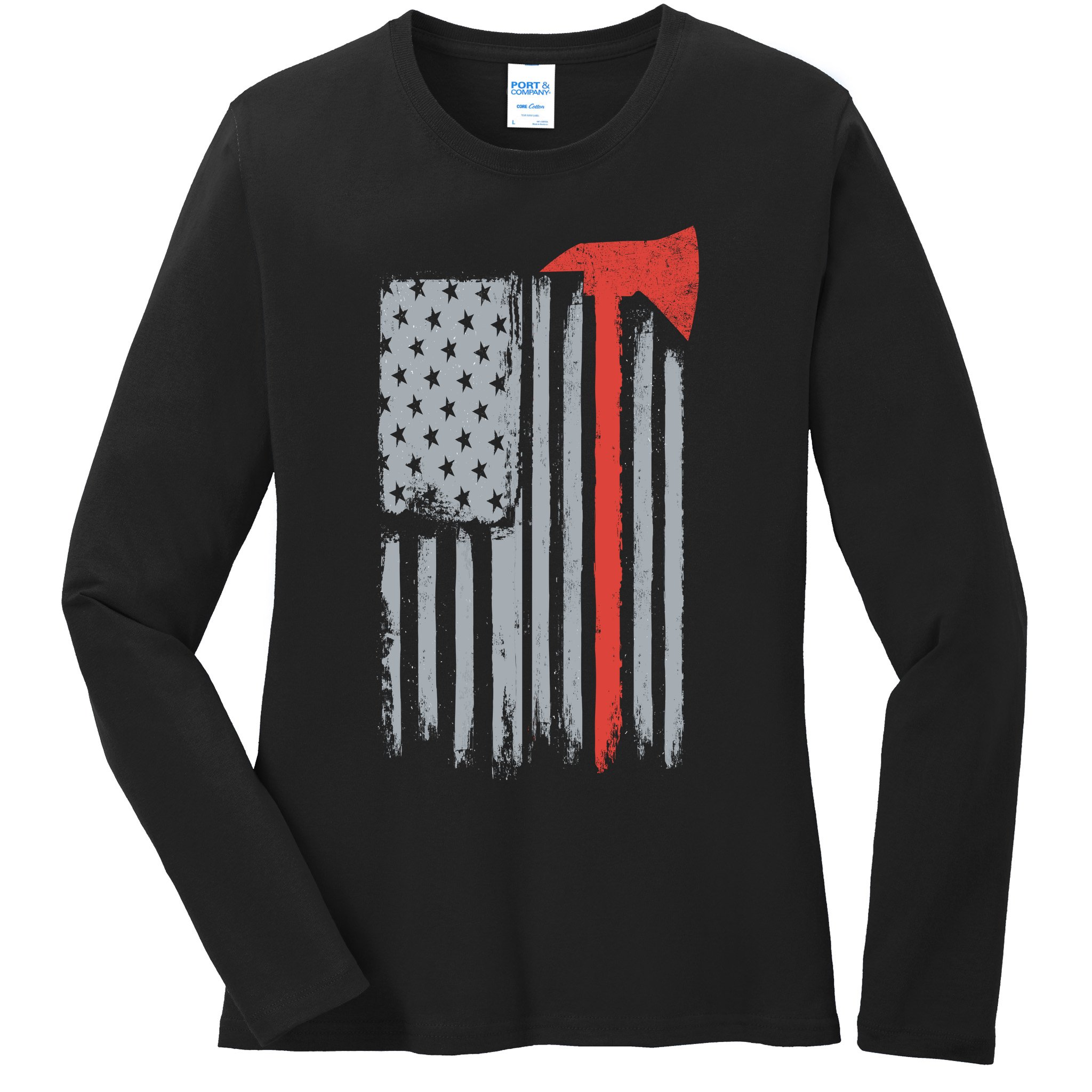 Firefighter Red Axe Vintage American Flag Ladies Long Sleeve Shirt