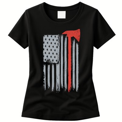 Firefighter Red Axe Vintage American Flag Womens T-Shirt