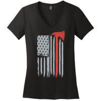 Firefighter Red Axe Vintage American Flag Women's V-Neck T-Shirt