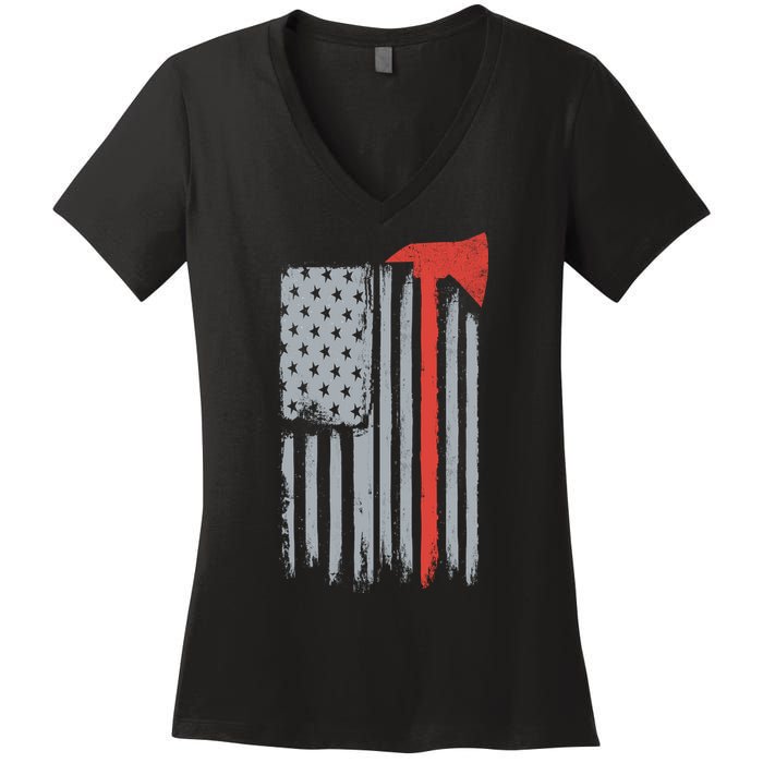 Firefighter Red Axe Vintage American Flag Women's V-Neck T-Shirt