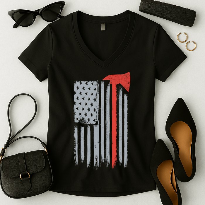 Firefighter Red Axe Vintage American Flag Women's V-Neck T-Shirt