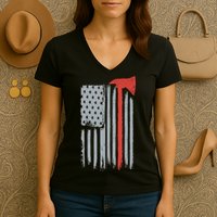 Firefighter Red Axe Vintage American Flag Women's V-Neck T-Shirt