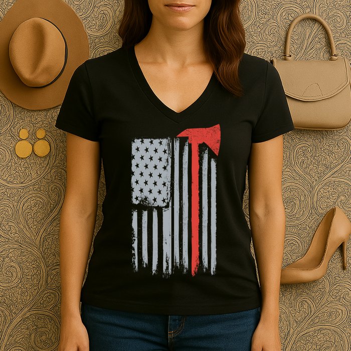 Firefighter Red Axe Vintage American Flag Women's V-Neck T-Shirt