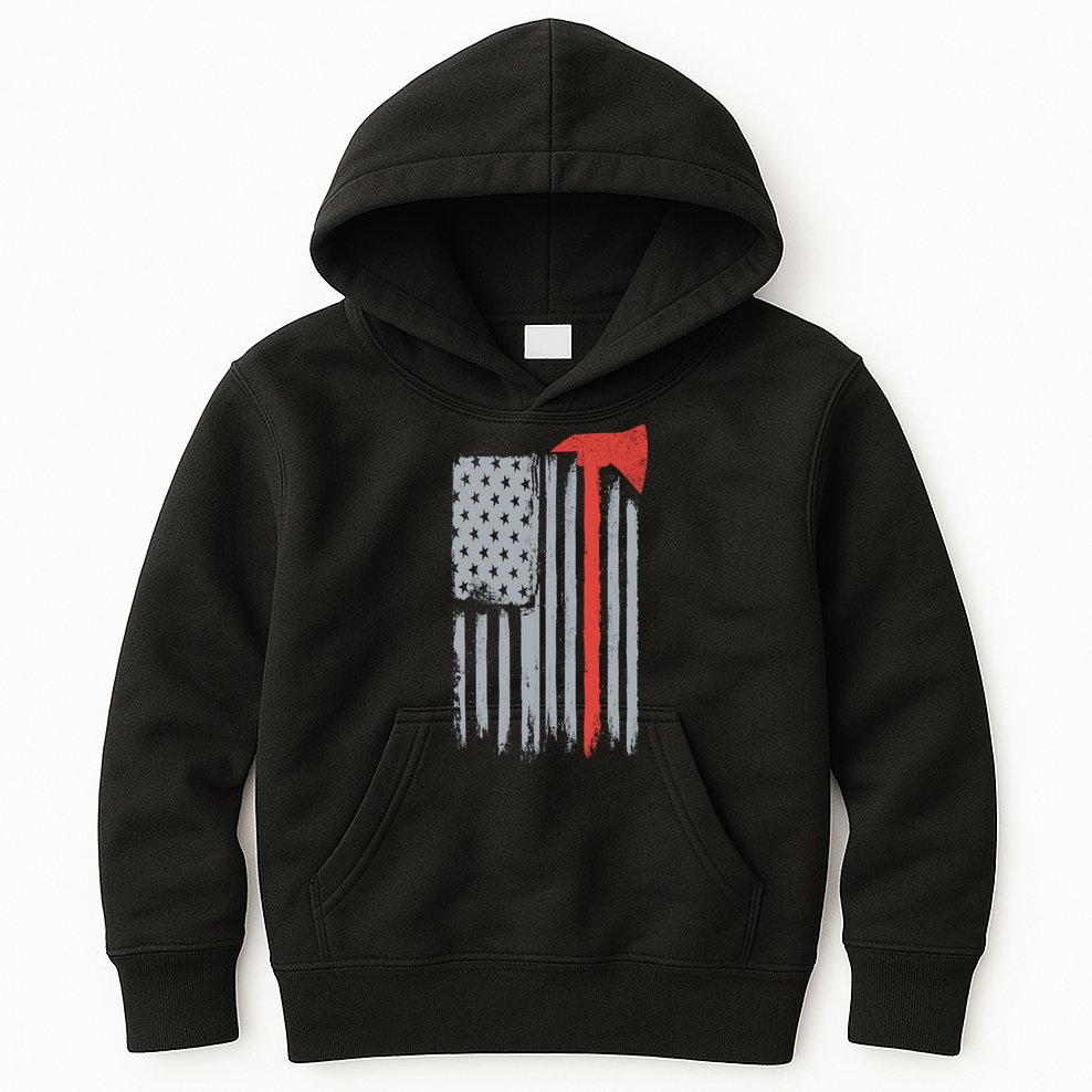 Firefighter Red Axe Vintage American Flag Kids Hoodie