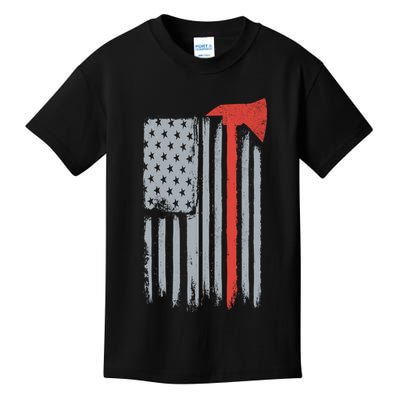 Firefighter Red Axe Vintage American Flag Kids T-Shirt