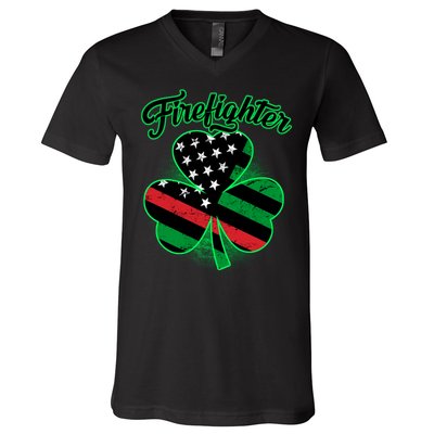 Firefighter St. Patrick's Day Red Line Clover V-Neck T-Shirt