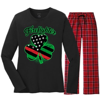 Firefighter St. Patrick's Day Red Line Clover Women's Long Sleeve Flannel Pajama Set 