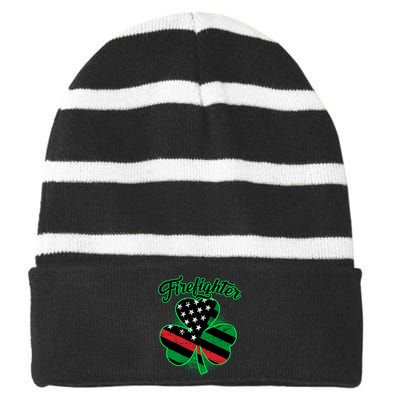 Firefighter St. Patrick's Day Red Line Clover Striped Beanie with Solid Band