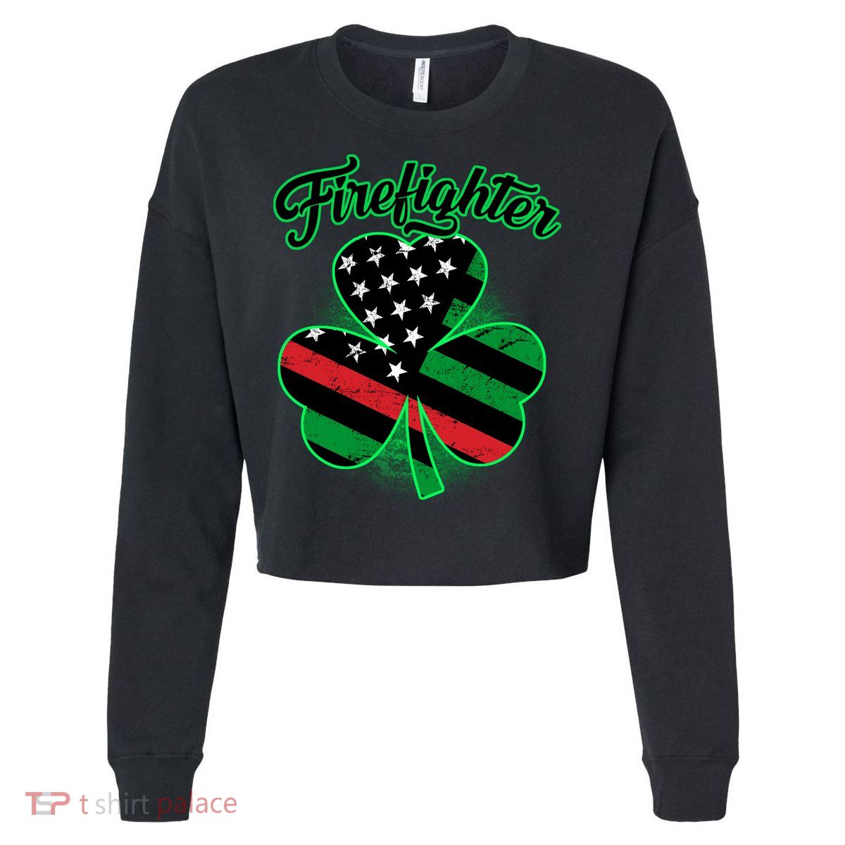 Firefighter St. Patrick's Day Red Line Clover Cropped Pullover Crew