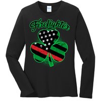 Firefighter St. Patrick's Day Red Line Clover Ladies Long Sleeve Shirt