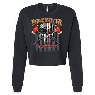 Firefighter Thin Red Line Flag Skull Cropped Pullover Crew