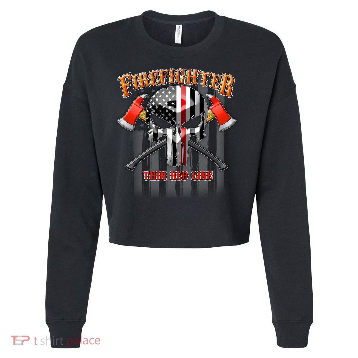 Firefighter Thin Red Line Flag Skull Cropped Pullover Crew