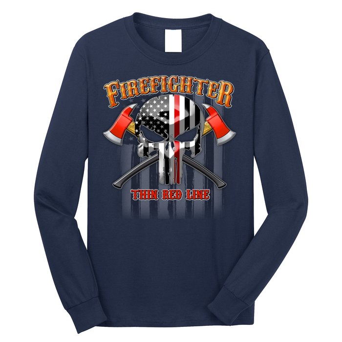 Firefighter Thin Red Line Flag Skull Long Sleeve Shirt