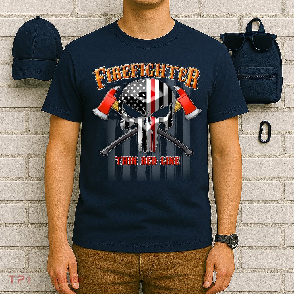 Firefighter Thin Red Line Flag Skull T-Shirt