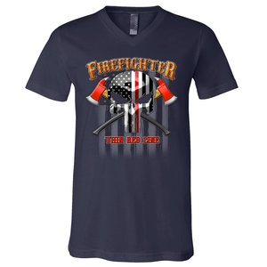 Firefighter Thin Red Line Flag Skull V-Neck T-Shirt