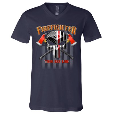 Firefighter Thin Red Line Flag Skull V-Neck T-Shirt