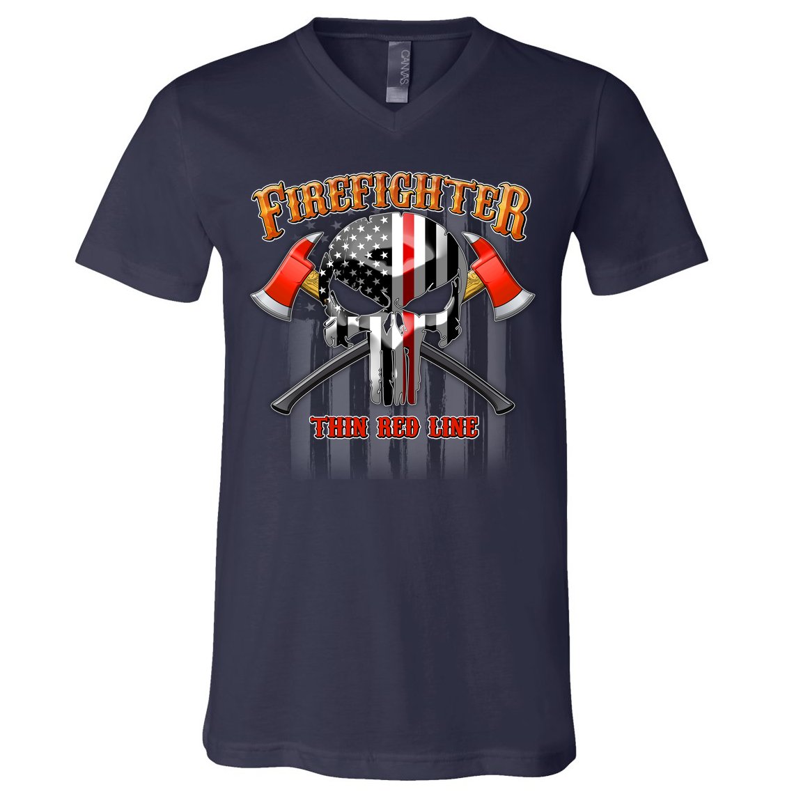Firefighter Thin Red Line Flag Skull V-Neck T-Shirt