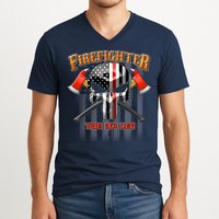 Firefighter Thin Red Line Flag Skull V-Neck T-Shirt