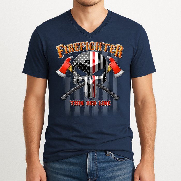 Firefighter Thin Red Line Flag Skull V-Neck T-Shirt