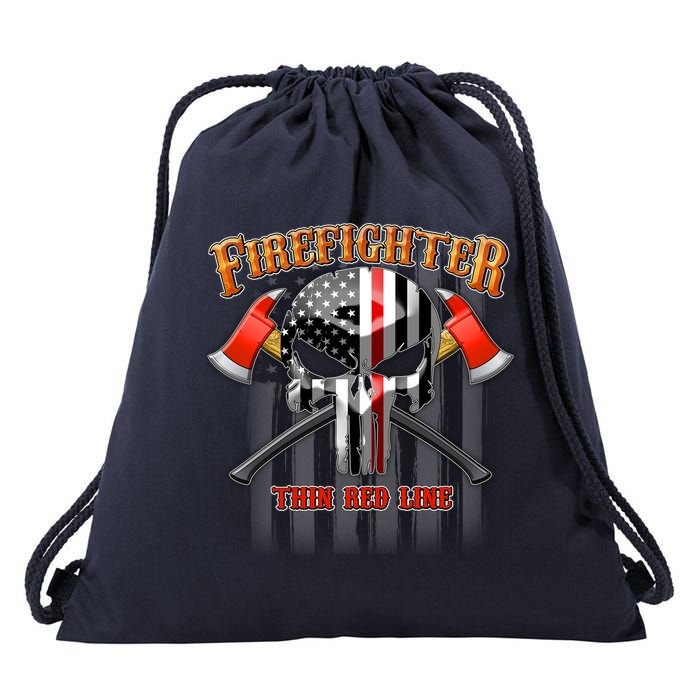 Firefighter Thin Red Line Flag Skull Drawstring Bag