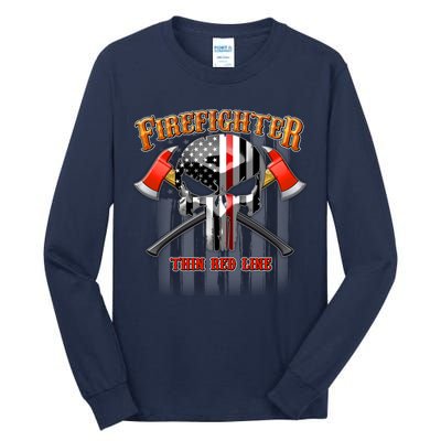 Firefighter Thin Red Line Flag Skull Tall Long Sleeve T-Shirt