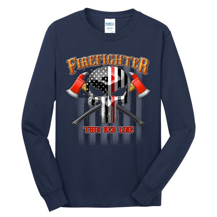 Firefighter Thin Red Line Flag Skull Tall Long Sleeve T-Shirt