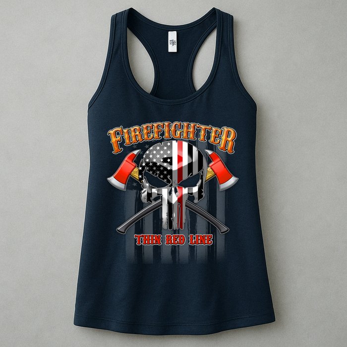 Firefighter Thin Red Line Flag Skull Womens Tank Top