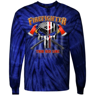 Firefighter Thin Red Line Flag Skull Tie-Dye Long Sleeve Shirt