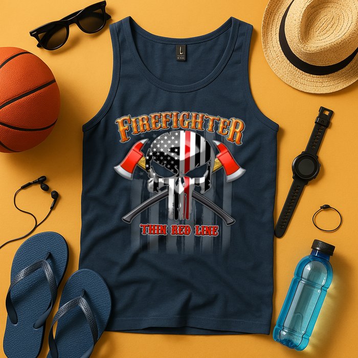Firefighter Thin Red Line Flag Skull Tank Top