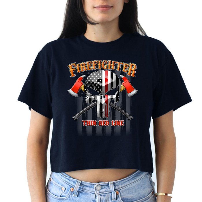 Firefighter Thin Red Line Flag Skull Crop Top