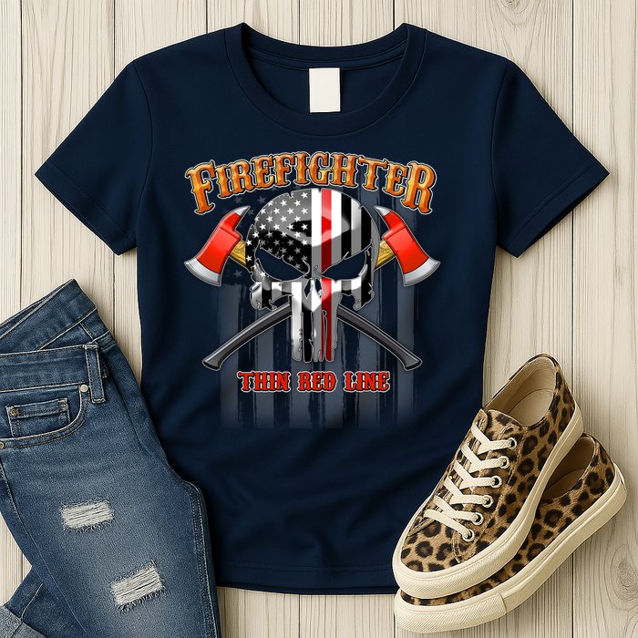 Firefighter Thin Red Line Flag Skull Womens T-Shirt