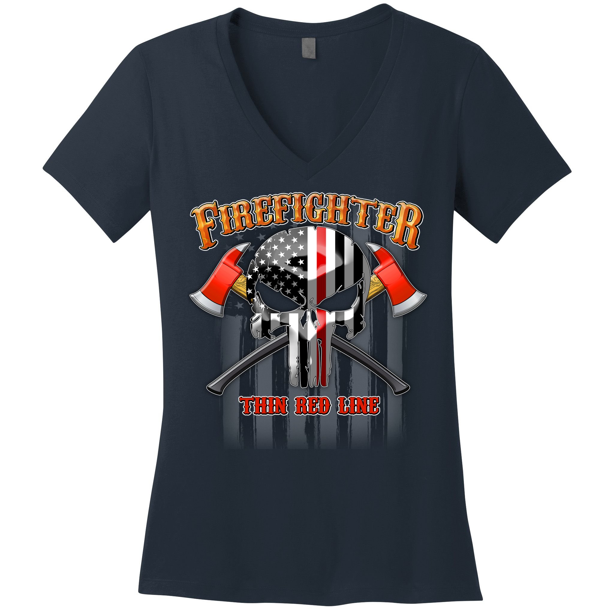 Firefighter Thin Red Line Flag Skull Women's V-Neck T-Shirt