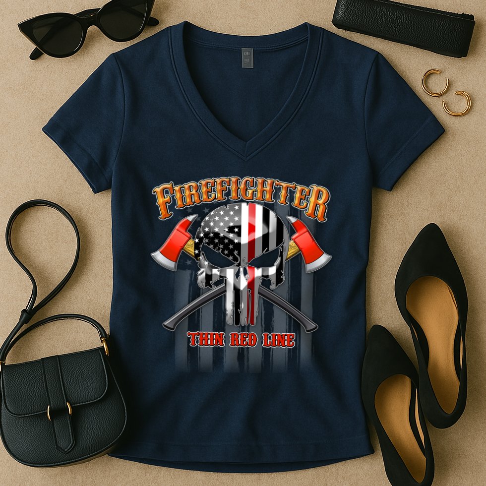 Firefighter Thin Red Line Flag Skull Women's V-Neck T-Shirt