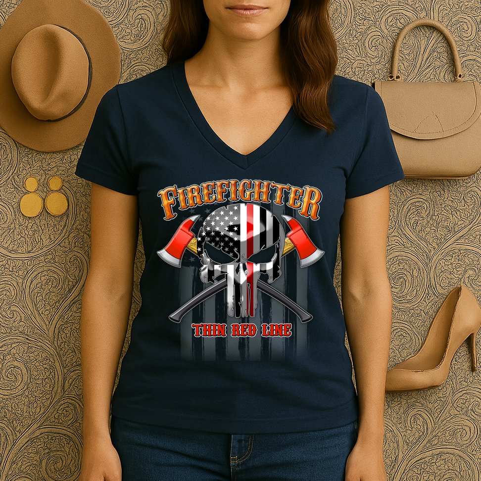 Firefighter Thin Red Line Flag Skull Women's V-Neck T-Shirt