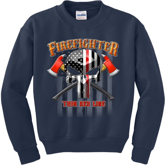 Firefighter Thin Red Line Flag Skull Kids Sweatshirt