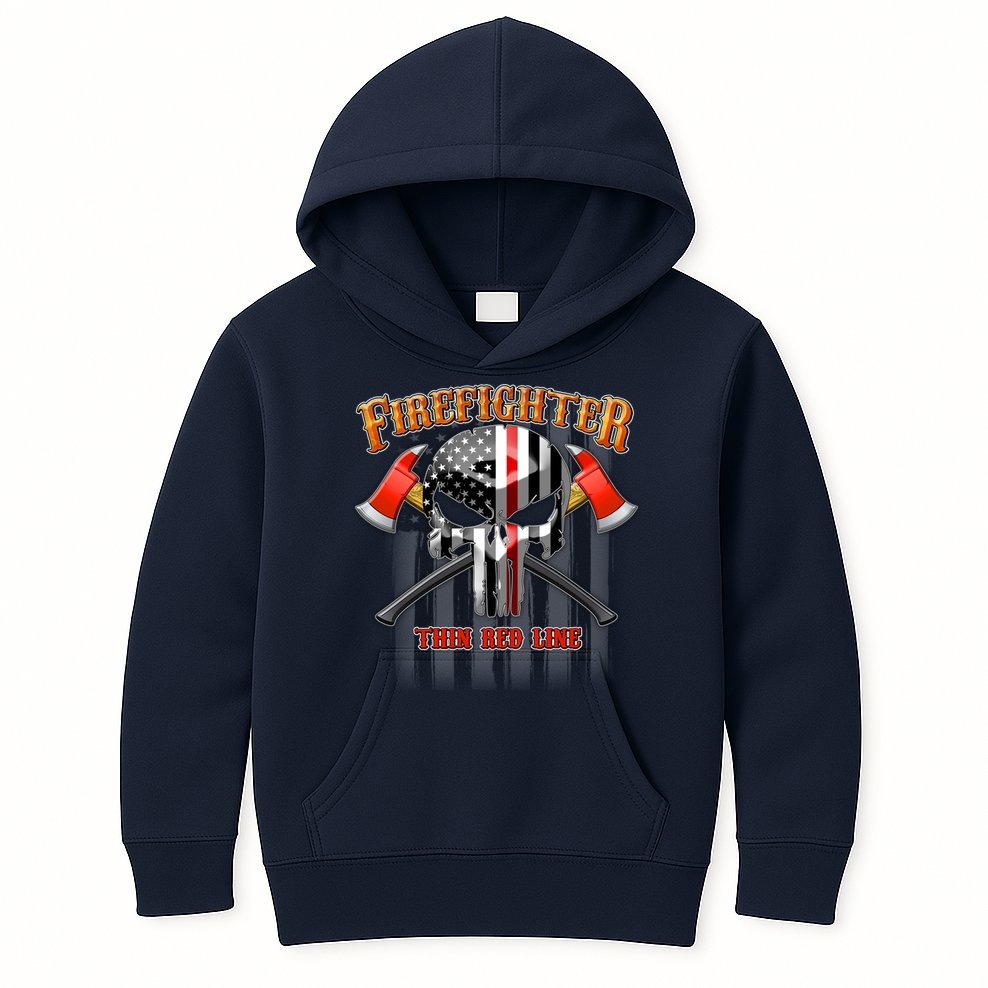 Firefighter Thin Red Line Flag Skull Kids Hoodie