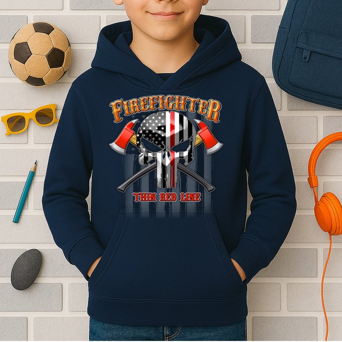 Firefighter Thin Red Line Flag Skull Kids Hoodie