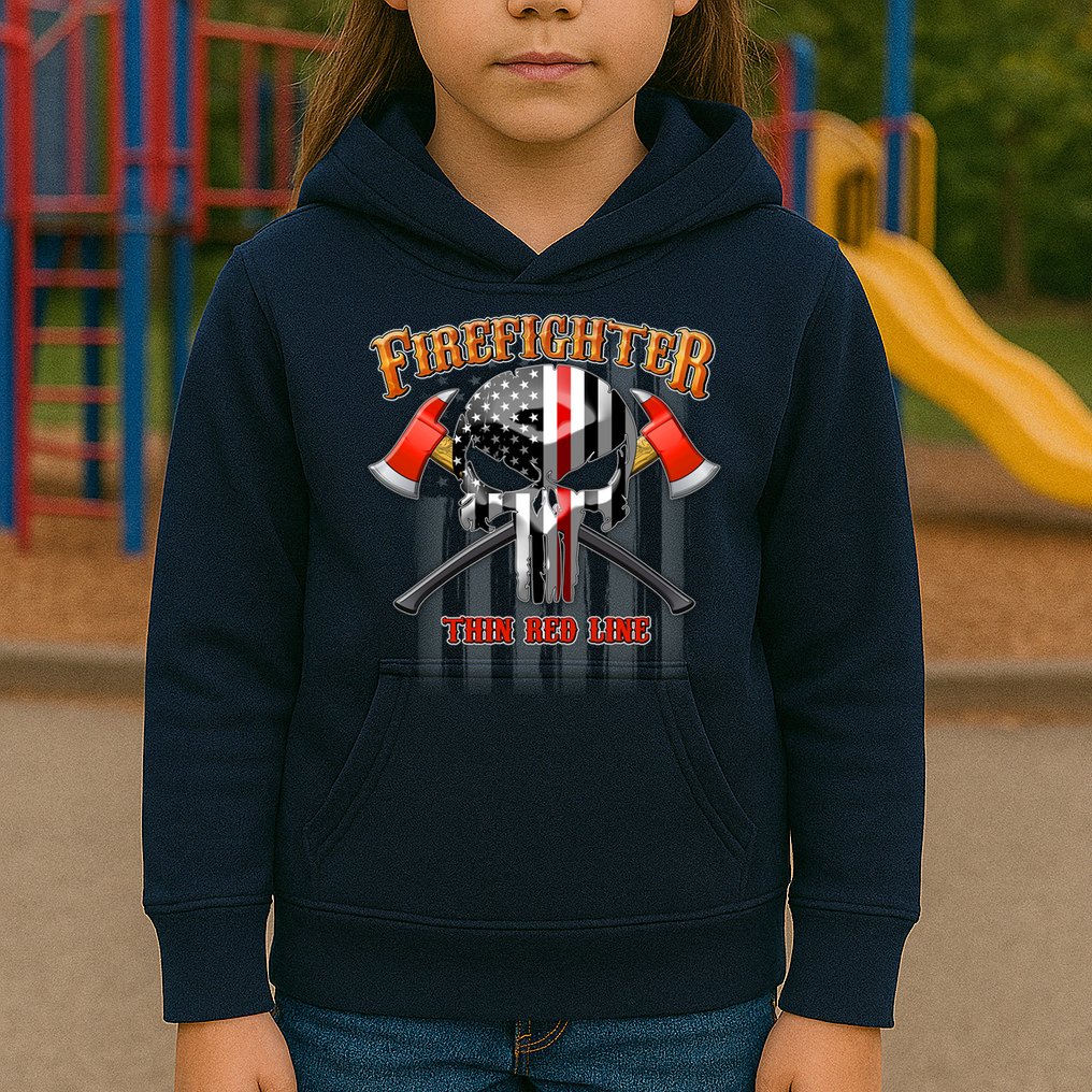 Firefighter Thin Red Line Flag Skull Kids Hoodie