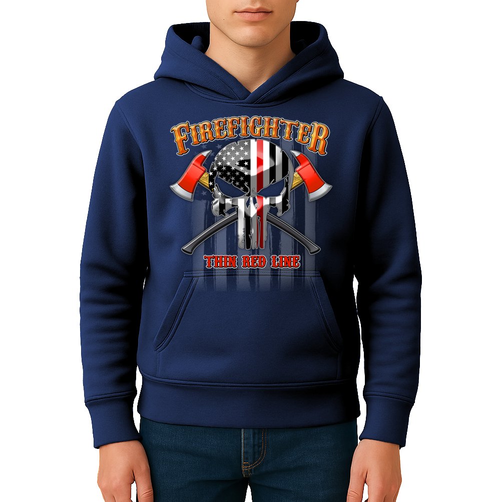 Firefighter Thin Red Line Flag Skull Kids Hoodie