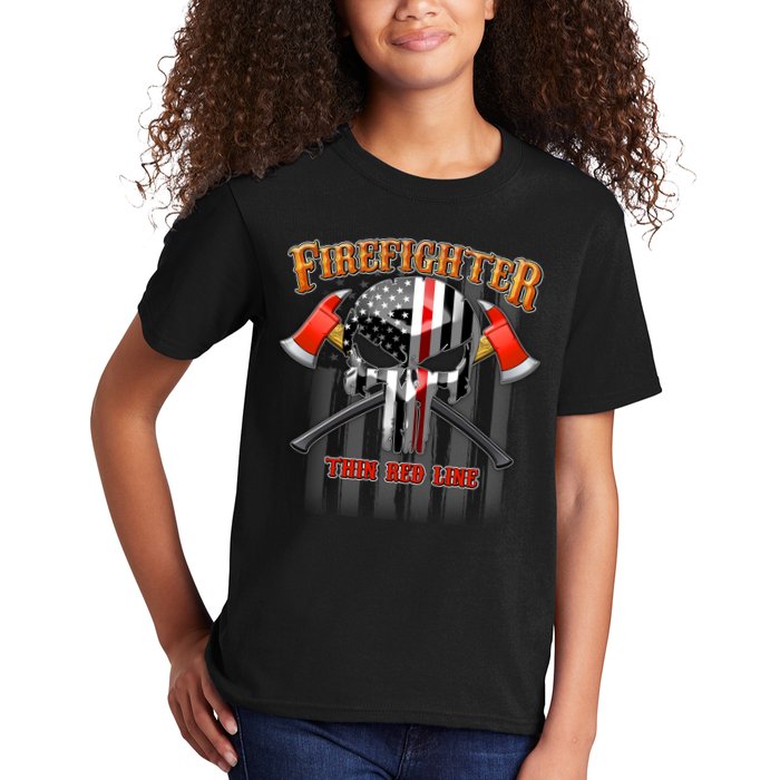 Firefighter Thin Red Line Flag Skull Kids T-Shirt