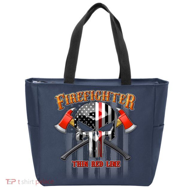 Firefighter Thin Red Line Flag Skull Zip Tote Bag