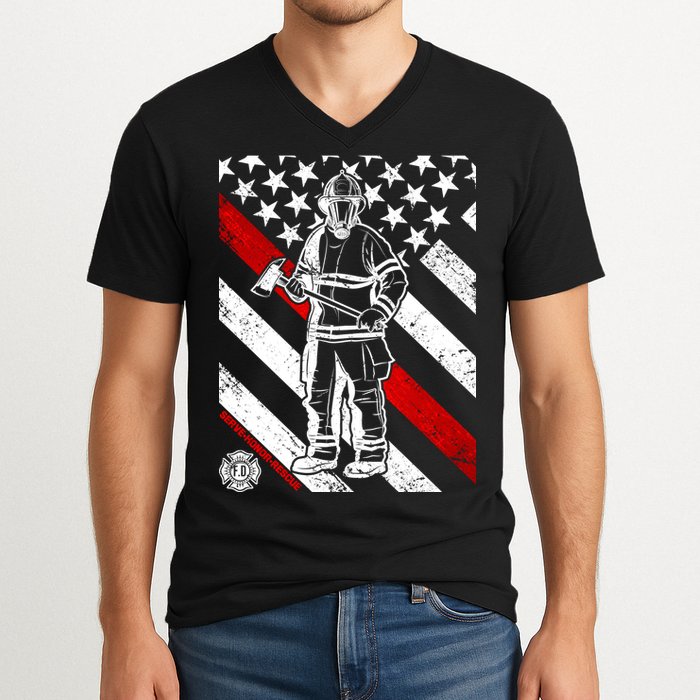 Firefighter Thin Red Line Serve Honor Rescue V-Neck T-Shirt