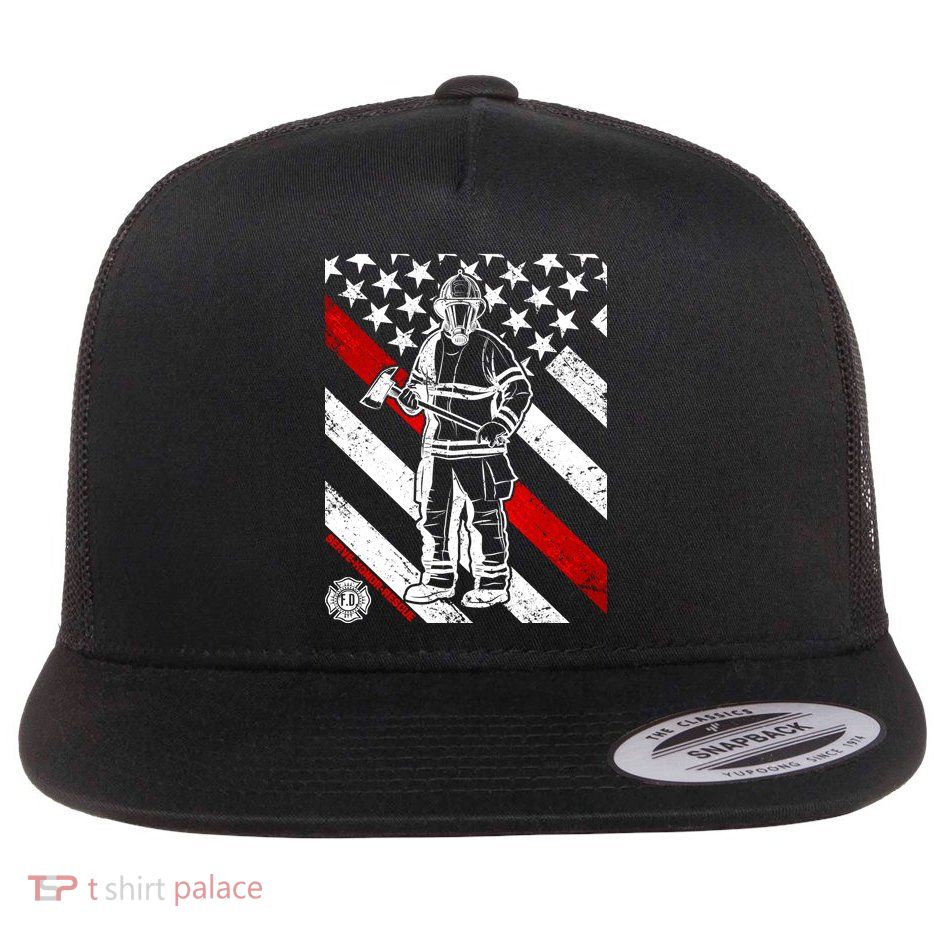 Firefighter Thin Red Line Serve Honor Rescue Flat Bill Trucker Hat