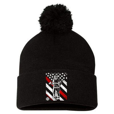 Firefighter Thin Red Line Serve Honor Rescue Pom Pom 12in Knit Beanie