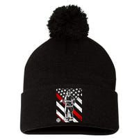 Firefighter Thin Red Line Serve Honor Rescue Pom Pom 12in Knit Beanie