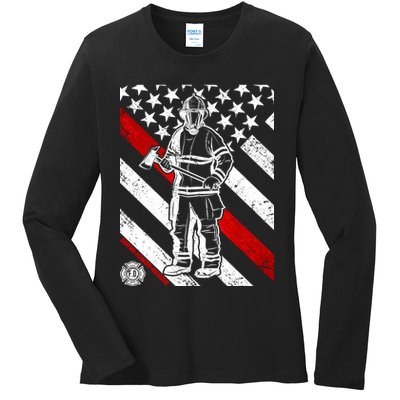 Firefighter Thin Red Line Serve Honor Rescue Ladies Long Sleeve Shirt